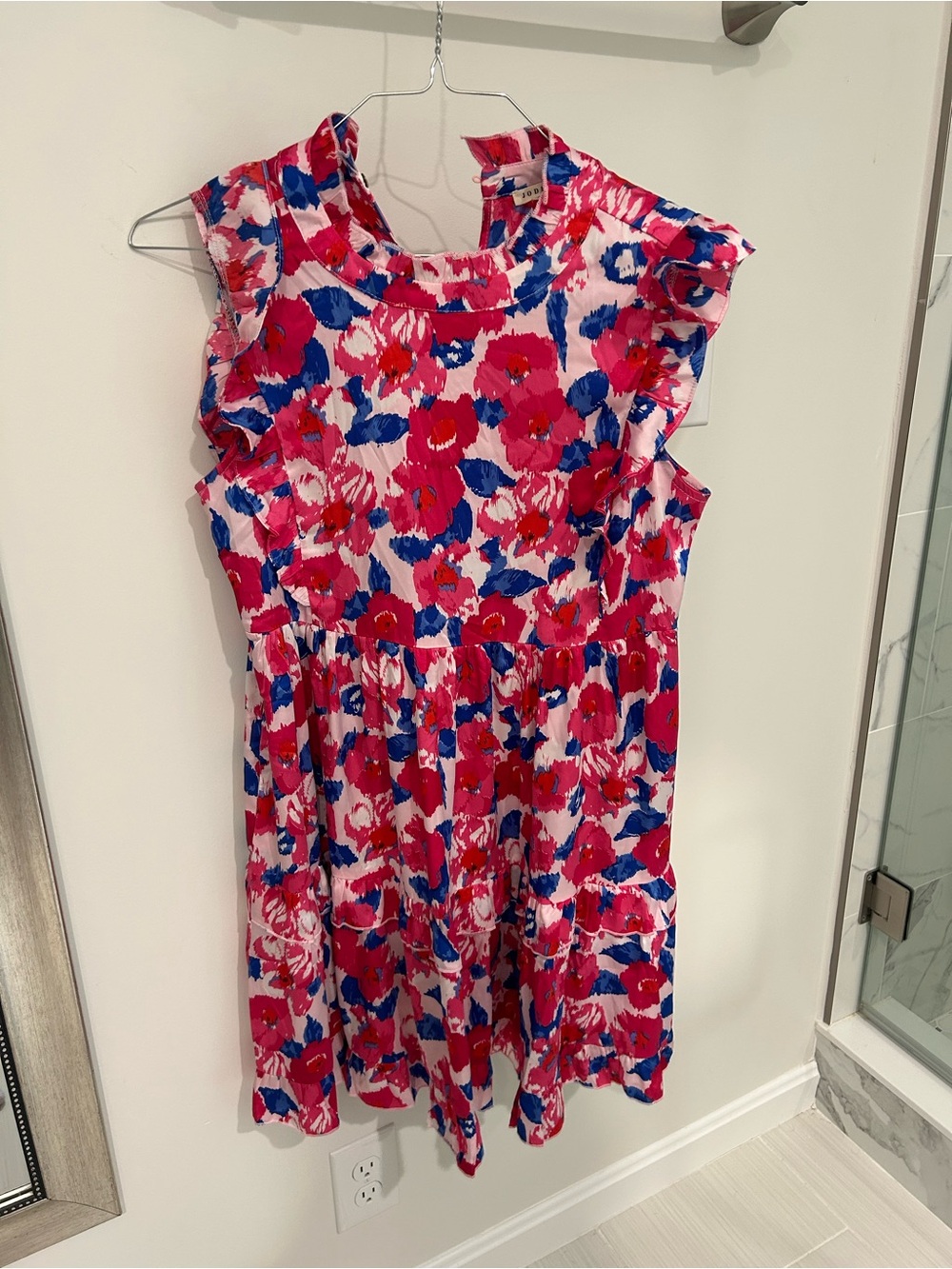 JODIFL Pink, Red & Blue Floral Ruffled Sleeveless Dress